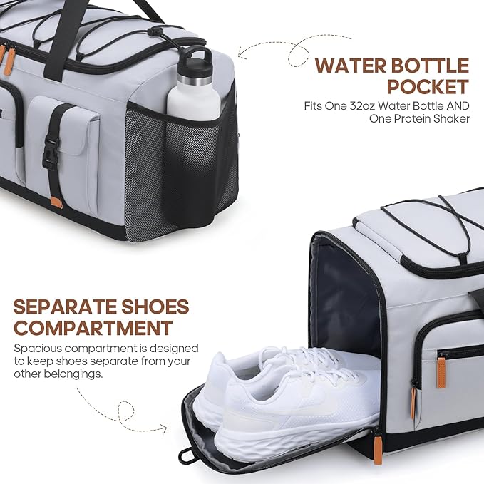 Gym Bag for Men and Women with Shoe & Laptop Compartment, 3-in-1 Sports Travel Duffel Bag Anti-Theft Weekender Carry-on Backpack for Airplane & Workout, Overnight Travel Bag, 35L, Light Grey, Medium