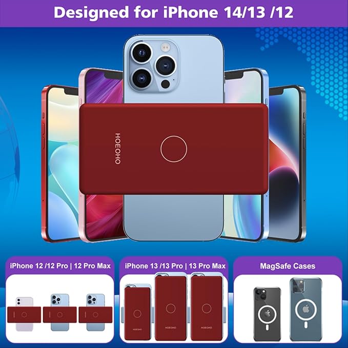 Magnetic Battery Pack for iPhone /17/16/15/14/13/12 Series, 10,000mAh Mag-Safe Battery Pack, Slim Mag-Safe Power Bank Charger, Power Bank Magnetic Charger for iPhone (Red)
