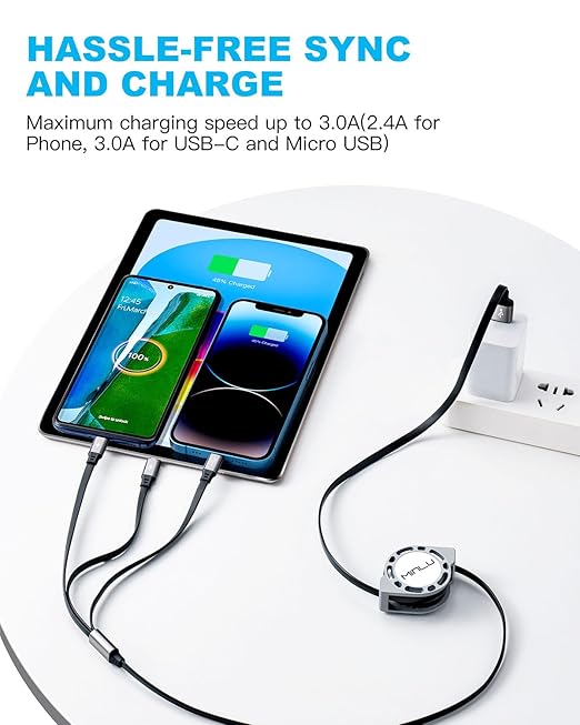Multi Charging Cable 3A, [2Pack 4ft] Retractable Multi Charging Cord 3 in 1 Fast Charger Cord, USB C Charger Adapter with Lightning/Type C/Micro USB Ports for Cell Phones/iPhone/Samsung/PS/Tablets