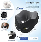 Novelty Patented Head-bobble-preventing Ergonomic 360° Supporting Memory Foam Travel Neck Pillow w/ 3D Contoured Eye Mask Sleeping Essentials Combo for Airplane Long Flight Train Bus Car Trip