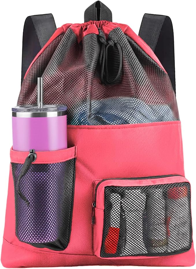 HOHOM Swim Mesh Beach Bag, Waterproof Gym Bags for Women and Men, Large Pool Bag Swimming Gear Drawstring Backpack