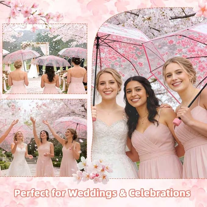 6 Pack Cherry Blossom Umbrella Clear Folding Travel Transparent Floral Rain Umbrellas For Adult Kids Girls Romantic Flower Wedding Decoration Auto Open Umbrella