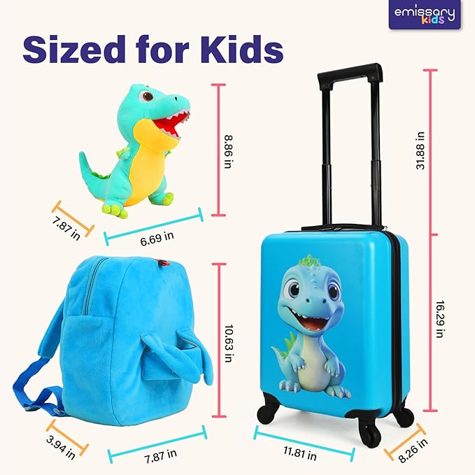 emissary Kids Luggage with Wheels, Hardside Toddler Carry On Suitcase Set, Lightweight Rolling Travel Bag for Boys and Girls, Airline Approved Travel Gifts - Dino Light Blue