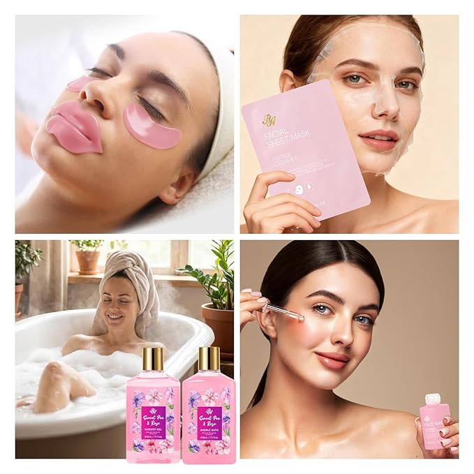 25 Pcs Mother's Day Gift, Rose Bath & Body Gift Basket Set for Women, Hydrating Skin Care Set, Self Care Gifts, Cosmetic Bag, Necklace, Christmas, Birthday, Anniversary, Mom, Wife