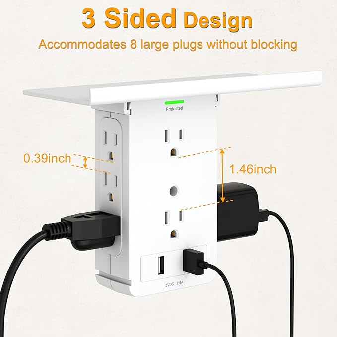 Socket Wall Shelf-CFMASTER 10 Port Surge Protector Wall Outlet, 8 Electrical Outlet Extenders and 2 USB Ports 2.4A, with Removable Built-In Shelf, FCC Listed (1, White)