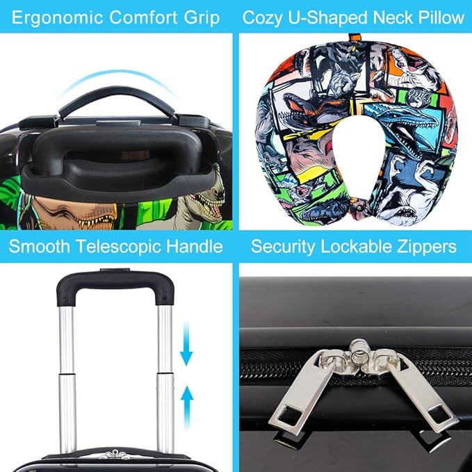 WZLVO Cool Dinosaur Kids Luggage 2PC Set with 360° Spinner Wheels, Lightweight Travel Carry-On Hardshell Suitcase for Boys, Toddler & Elementary Children