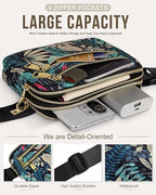 Capolo Fanny Packs for Women Fashion Waist Packs Bag with Adjustable Strap and 4 Zipper Pockets Waterproof Everywhere Crossbody Belt Bag for Workout Running Travelling(Blue Leaves, Large)