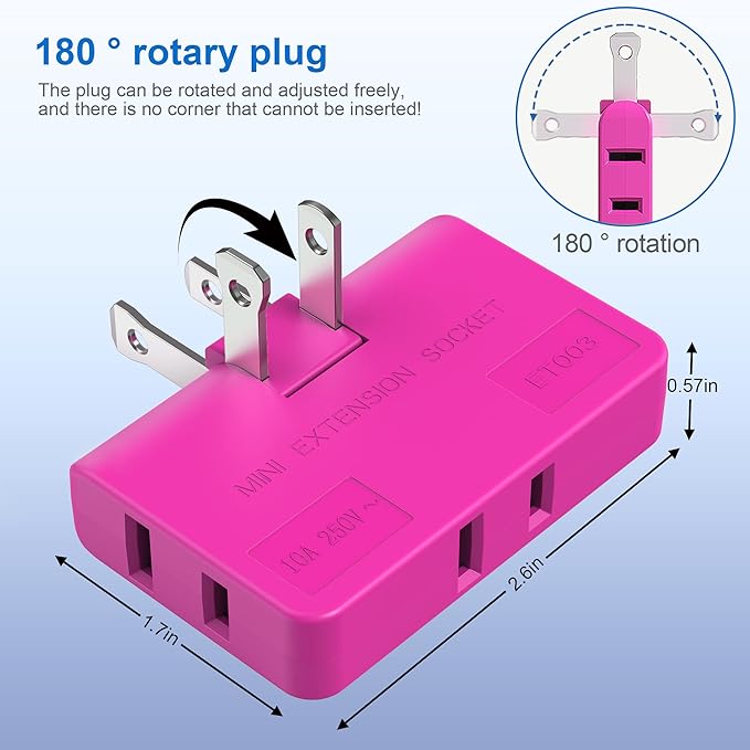 ETwinCoo 3 Way Flat Wall Plug Extender AC Adapter - 2-Prong Swivel Mini Multi Plug Outlet, Rotatable Socket (Quick & Easy Install) Perfect for Home and Travel, Type A, Rose Red (2 Pack)