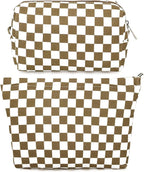 SOIDRAM 2 Pcs Checkered Makeup Bag Large Cosmetic Bag Toiletry Bag Makeup Pouch Travel Bag Organizer Cute Makeup Brushes Aesthetic Accessories Storage Bag for Women Coffee Brown