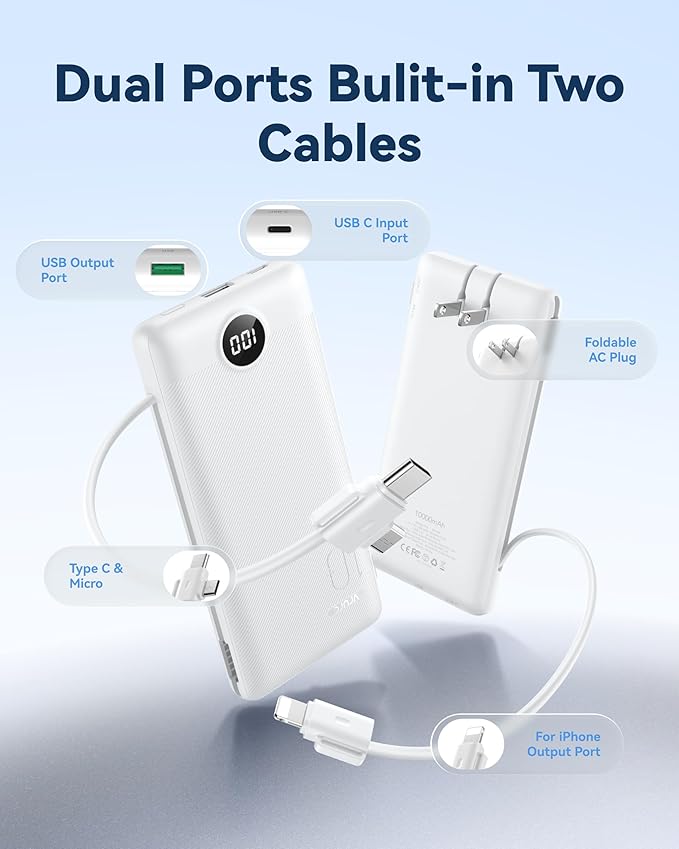 VRURC Portable Charger Power Bank - 10000mAh Fast Charging 22.5W PD 20W Slim Portable Charger Built in Cables,Power Bank with Cords,USB C Portable Phone Charger Travel Accessories -White