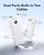 VRURC Portable Charger Power Bank - 10000mAh Fast Charging 22.5W PD 20W Slim Portable Charger Built in Cables,Power Bank with Cords,USB C Portable Phone Charger Travel Accessories -White