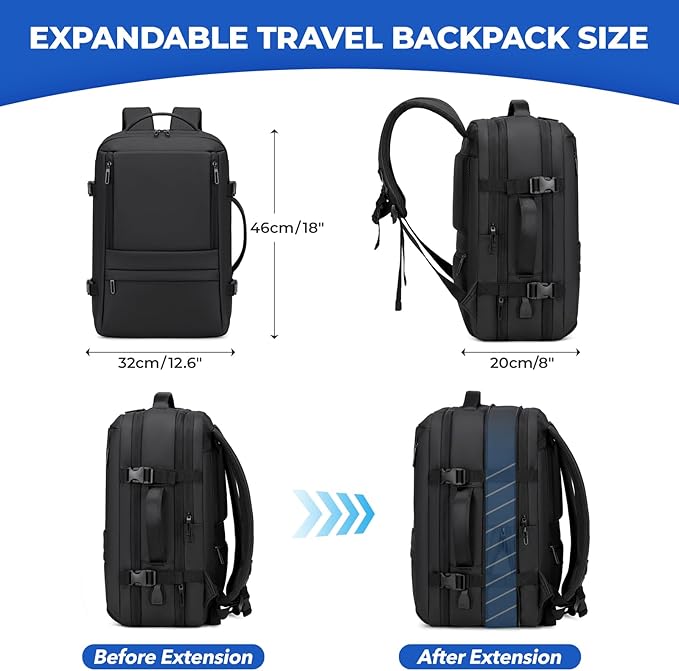 Rcrirth Carry On Travel Backpack for Airplanes | 35L Suitcase Backpack Luggage Business Weekender Bag - Expandable Travel Carry On Flight Approved for Men Women - Black