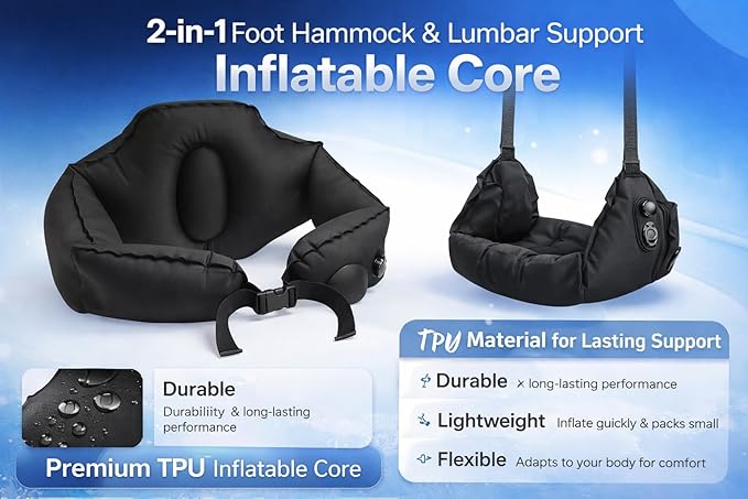 2-in-1 Inflatable Foot Hammock & Lumbar Support – Premium TPU Material, Adjustable Support for Airplane, Office & Home – Lightweight, Portable & Travel-Ready (Gray)