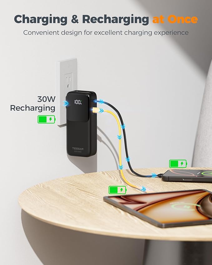 TESSAN Portable Charger Power Bank 10000mAh, 30W USB C Battery Pack Built in USB C Cable with Foldable Wall Plug, 3 in 1 Portable Phone Charger Compatible with iPhone 17/16/15 Series, Samsung, Travel