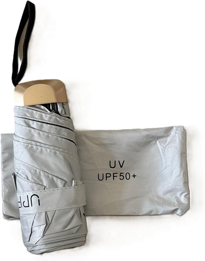 Alexie's Elegant Folding Mini Umbrella, Rain and Sun Protection, UPS>50, Size of cell phone, Flat Handle, Choice of Colors, Travel, Purse, Pocket, Beach Time. Brazz-Tone Handle and Case.
