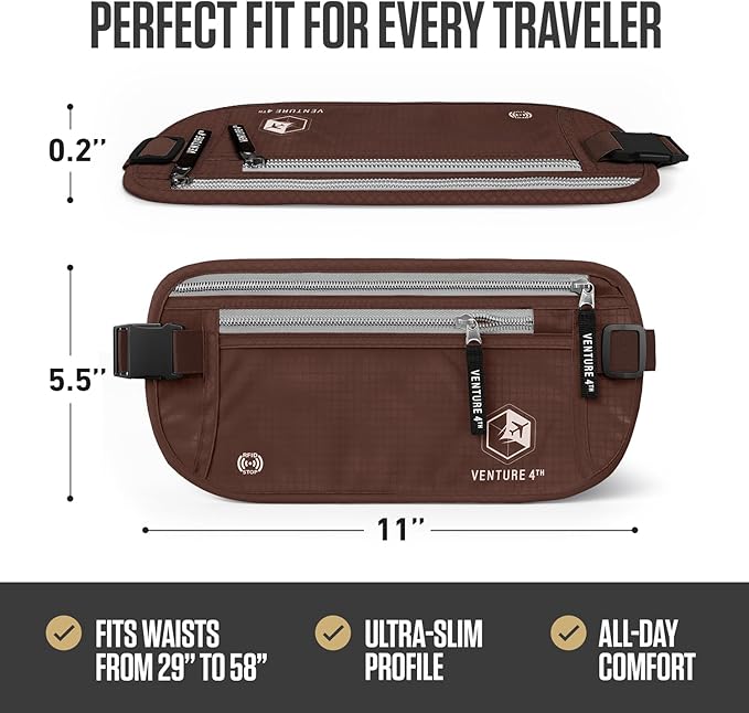 VENTURE 4TH Money Belt for Travel – Slim Hidden Under-Clothes RFID Blocking Anti-Theft Passport Holder & Travel Wallet Pouch for Men & Women to Protect Cash, Cards & Documents (Brown)