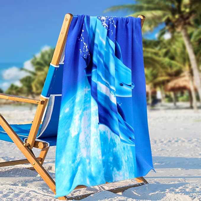 Genovega Oversized Terry Beach Towel 36 x 72 in Soft Extra Large Big Pool Swim Towels for Adults XL Clearance Big Travel Blanket Cruise Vacation Accessories Essentials Lounge Chair Cover Dolphin Sea