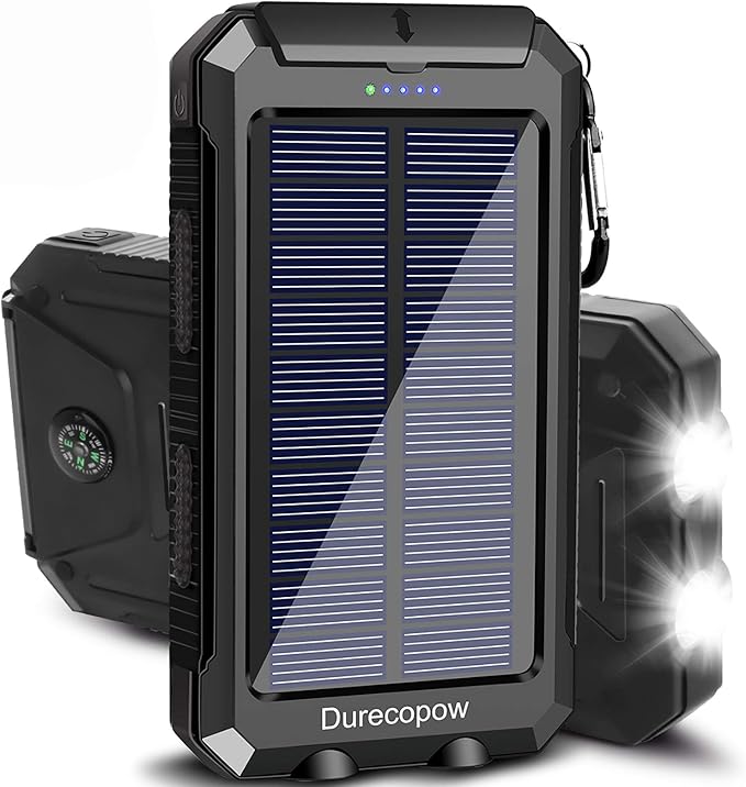 Solar Charger Power Bank, 8000mAh Portable Outdoor Waterproof Solar Battery Charger, Camping External Backup Battery Pack USB C Ports Input/Output, 2 Led Light Flashlight with Compass (Black)