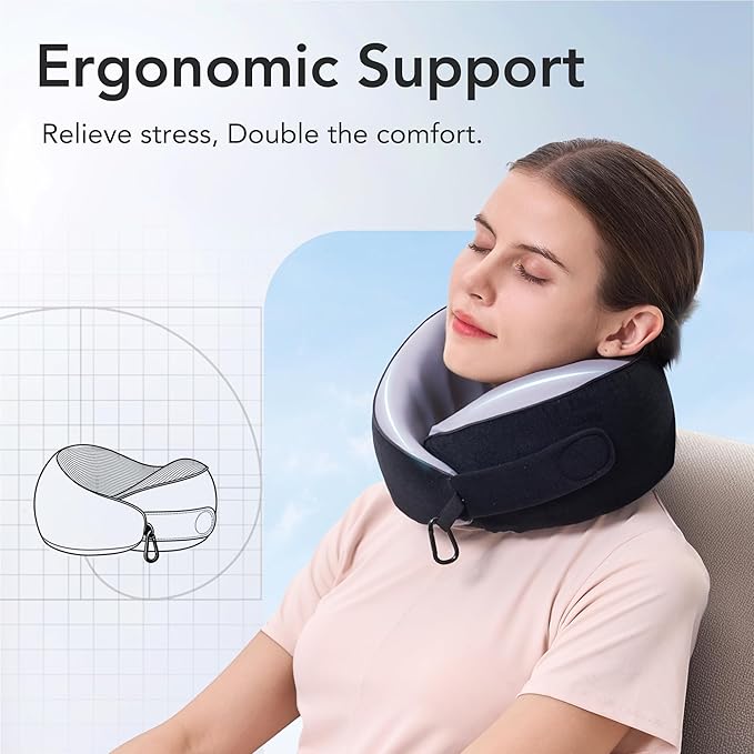 KPNEOL Travel Pillow, 100% Pure Memory Foam Travel Neck Pillow Airplane Neck Support Ergonomic Design for Traveling Suitable for Airplanes,Offices and Cars-Cooling Silk Black