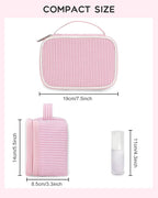 Relavel Travel Makeup Bag, Small Pink Cosmetic Bag with 2 Makeup Brush Holders, Portable Makeup Pouch for Women, Cute Toiletry Bag with Double Layer Organizer, Strip
