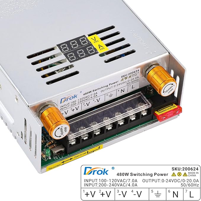 DROK 24V Power Supply, AC 110V/220V to DC 0-24V 0-20A 480W Buck Converter, Volt Amp Adjustable Adapter Regulated 5V 12V 24V Volt Switching Voltage LED Transformer Charger for Computer CCTV Lab