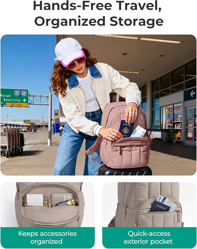 BAGSMART Womens Backpack Travel Laptop Backpack for Women, Quilted College Laptop Bookbag, Work Back Pack for Women, Cute Computer Water-Resistant Casual Daypack, Puffer Soft Pink