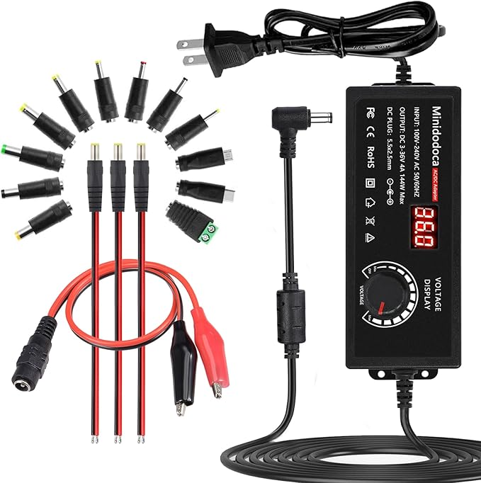 144W Power Supply Adjustable DC 3V ~ 36V Variable Universal Switching AC/DC Adapter Minidodoca AC to DC Converter with LED Voltage Display and 16 Tips, for 3V to 36V Household Electronics - 4000mA Max