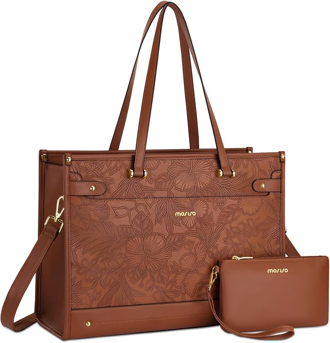 MOSISO Laptop Tote Bag for Women, 15.6 inch Large Capacity Vintage Leather Work Bag with Clutch Purse, Front Embossed Retro Hibiscus Shoulder Computer Bags Work Briefcase for Office Casual, Brown