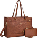 MOSISO Laptop Tote Bag for Women, 15.6 inch Large Capacity Vintage Leather Work Bag with Clutch Purse, Front Embossed Retro Hibiscus Shoulder Computer Bags Work Briefcase for Office Casual, Brown