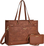 MOSISO Laptop Tote Bag for Women, 15.6 inch Large Capacity Vintage Leather Work Bag with Clutch Purse, Front Embossed Retro Hibiscus Shoulder Computer Bags Work Briefcase for Office Casual, Brown