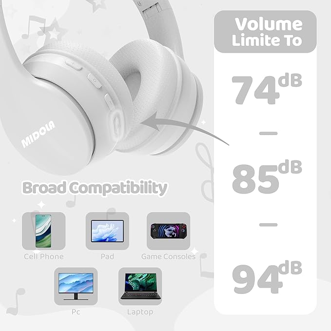 MIDOLA Kids Headphones Bluetooth 5.4 Wireless 68H Play Time Volume Limit 85/94dB Over-Ear Foldable Headset,Type-C Fast Charging, Wired Aux Mic for Toddler Child Pad Tablet White
