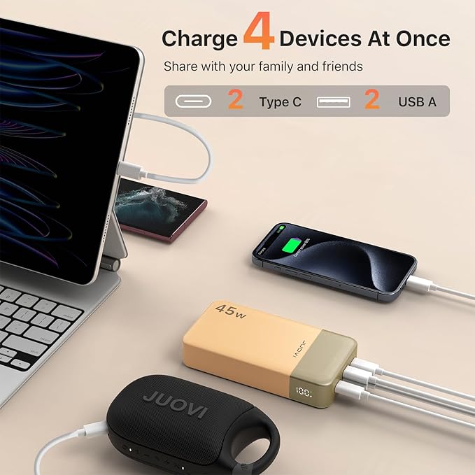 JUOVI J2621 Power Bank Portable Charger 20000mAh 45W, PD3.0 QC 4.0 Fast Charging Battery Pack with LED Display,2 USB-C,2 USB-A for iPhone 15 16, MacBook
