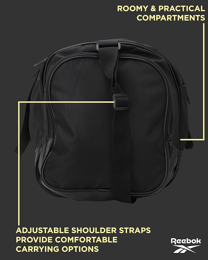 Reebok Duffle Bag - Lightweight Unisex Carry On Gym Bag - Travel and Sports Duffel Bags for Men and Women, Cade - Black/Black