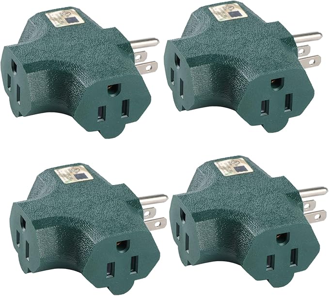 3 Outlet Adapter [UL Listed] 3 Way Outlet Splitter - 3 T-Shaped Adapter Outdoor Power Splitter Grounded Wall Tap Adapter Heavy Duty (4, green)