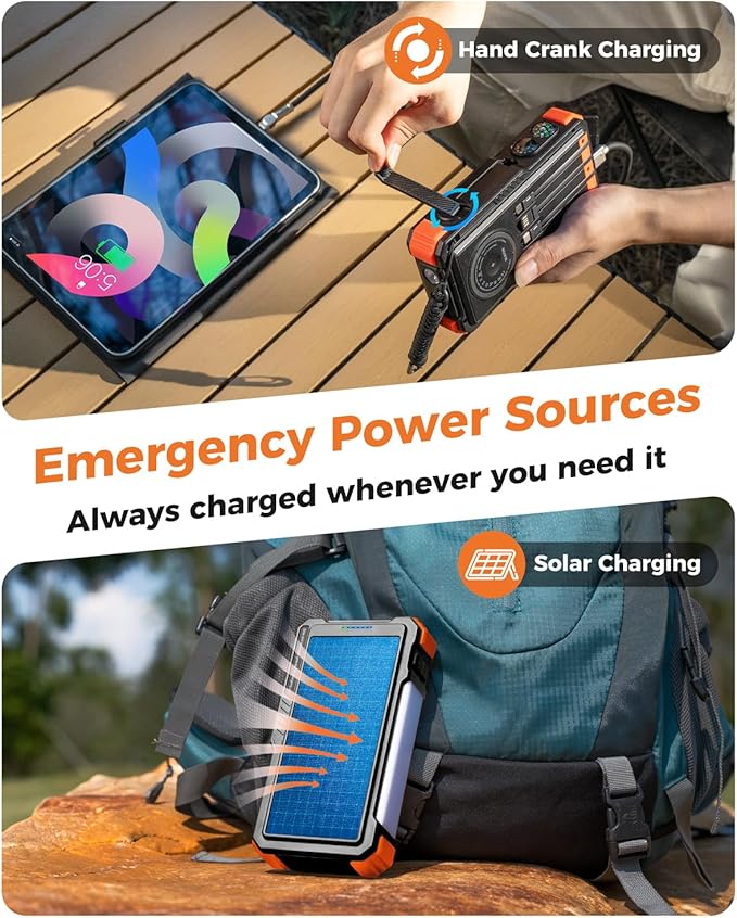 BLAVOR Solar Power Bank with Hand Crank and 4 Cables, 20000mAh Wireless Portable Charger with USB C & Camping Light, 20W Fast Charging Battery Pack for iPhone, iPad, Samsung, All Mobile Phones