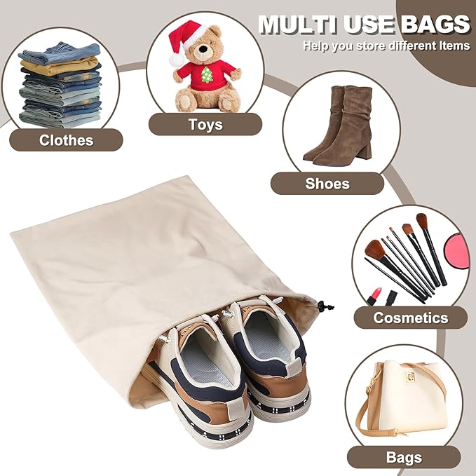 5 Pack Shoe Bags for Travel, Washable Dust Bags for Storage & Packing 17.7" x 13.8" Dustproof Flannel with Drawstring Closure for Boots Handbags Shoes & Toys (Beige)