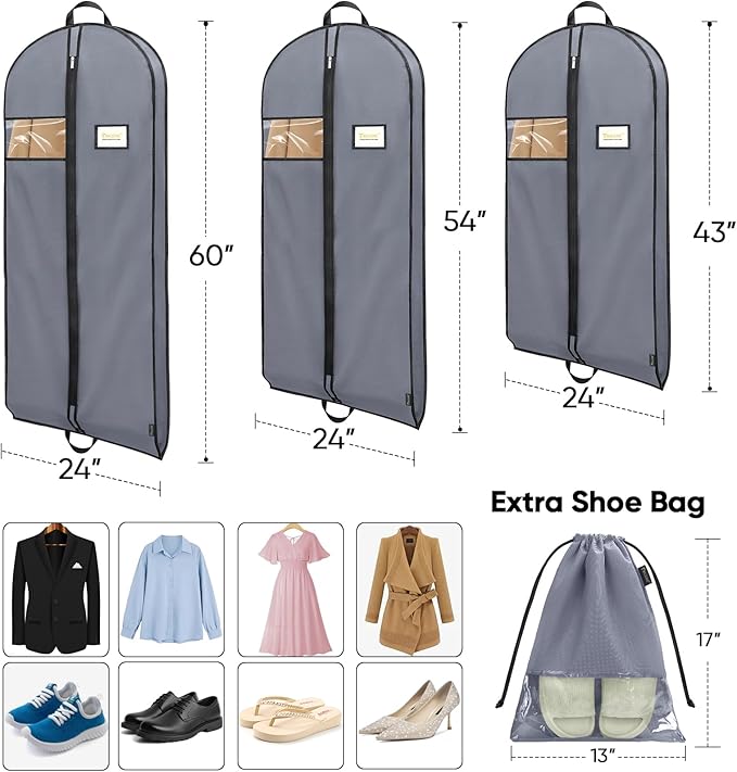 BALEINE 1PK Heavy Duty Garment Bag with Shoe Storage Travel Bag for Dresses, Suit, Coats Travel Essential (60", Grey)