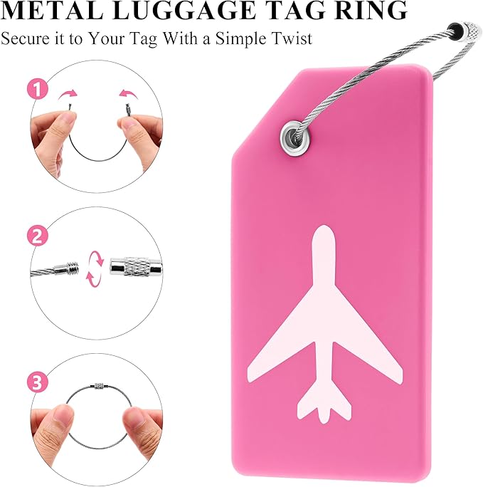 8 Pack Silicone Luggage Tag for Suitcases with Stainless Loop, TSA Approved, Privacy Protection Travel Essentials Bag Tags by Gostwo, Pink