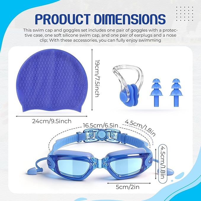 Tallew Swim Goggles Swimming Cap Set with Earplugs, Nose Clip and Case Silicone Swim Hat Waterproof Chlorine Resistant
