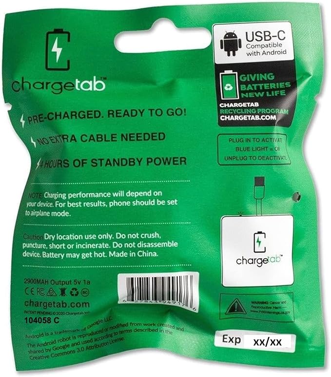 ChargeTab Emergency Portable USB-C Charger – Pre-Charged 3000mAh, Slim & Light, Up to 2-Year Shelf, Compatible w/iPhone 15/16 & Android USB-C Devices (10 Pack)