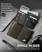LORZOR Passport Holder for Travel: Full Grain Leather Passport Cover with Airtag Holder Magnetic Buckle for Men - RFID Blocking Bifold Wallet for Air Ticket Card Cash Coin (Black-yellow)