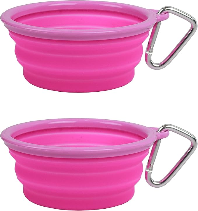 Prima Pet Collapsible Silicone Water Travel Bowl with Clip for Dog and Cat, Portable and Durable Pop-up Feeder for Convenient On-The-go Feeding - Size: Small (1.5 Cups) Pink - 2 Pack