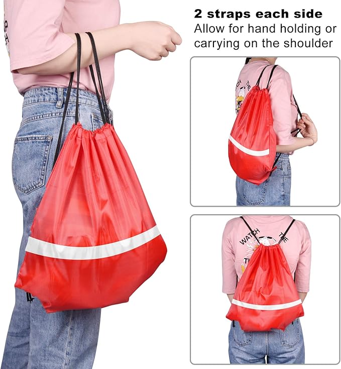 KUUQA 12 Pcs Red Drawstring Backpacks with Reflective Strips - Polyester, 15.7" x 13.4", Ideal for Yoga, Sport, Travel