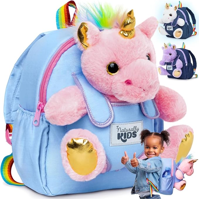 Naturally KIDS【Upgraded Toddler Backpack w Removable Pink Unicorn Toy for Girls Age 2-6 | Side & Inner Pockets, Reflective Logo, Name Tag | Cute Christmas & Birthday Gifts