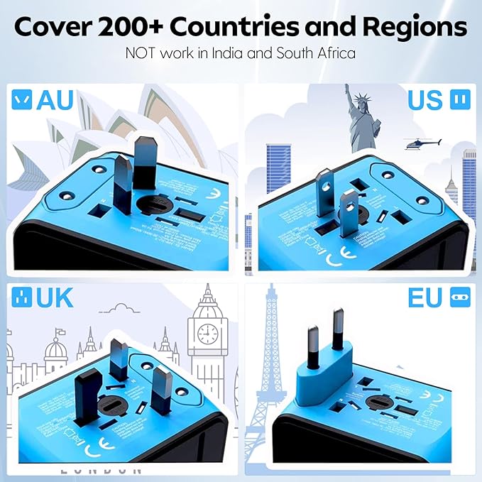 JMFONE Universal Travel Adapter, 4 USB C/A Ports & 2500W AC Outlets, All-in-One International Power Plug Adapter for All USB Devices, Worldwide Travel Charger for Europe US UK AU 200+ Countries (Blue)