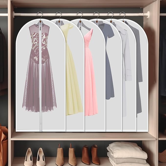 Hanging Garment Bags 12 Piece Set - 60 Inch Translucent Dust Proof Clothes Bag White Breathable Full Zipper Dust Cover for Suit Dance Costumes Gown Dress.