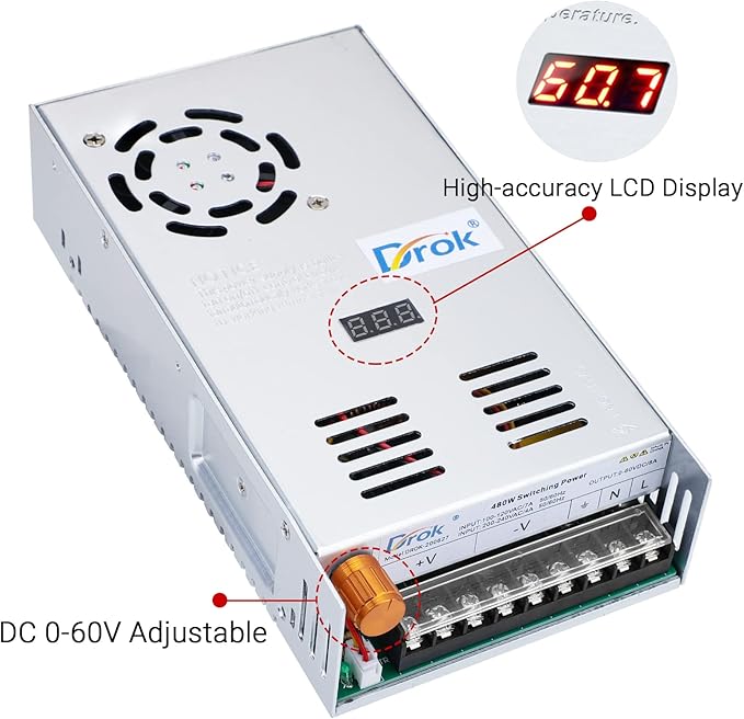 DROK 60V Power Supply, AC 110V 220V to DC 0-60V 8A 480W Buck Converter, Adjustable Variable LED Adapter Regulated 5V 12V 24V 30V 36V 48V 60Volt Transformer 3A 5A 8Amp Charger for Lab CCTV