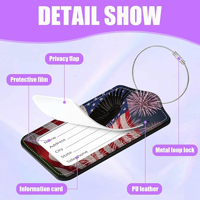 3 Pack American Flag Bald Eagle Luggage Tags for Suitcase PU Leather Travel Luggage Tag Privacy Cover ID Label for Women Men Baggage Backpack Handbag School Bag