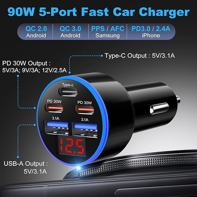 5-Pack USB C Car Charger 90W, OKRAY 5-Port Super Fast Charging PD30W 12v Cigarette Lighter Adapter USB-C&USB-A Multiport Car Phone Charger with Volt Meter for iPhone 17 16 15 14, iPad, Galaxy S25 A16