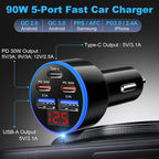 5-Pack USB C Car Charger 90W, OKRAY 5-Port Super Fast Charging PD30W 12v Cigarette Lighter Adapter USB-C&USB-A Multiport Car Phone Charger with Volt Meter for iPhone 17 16 15 14, iPad, Galaxy S25 A16